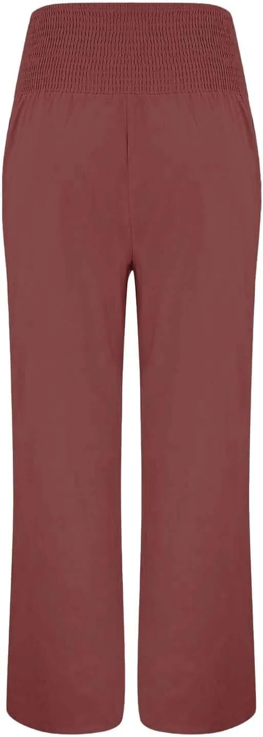 Linen Pants for Women Wide Leg Palazzo High Waisted Casual Flowy Summer Trousers Beach Comfortable Womens Pants