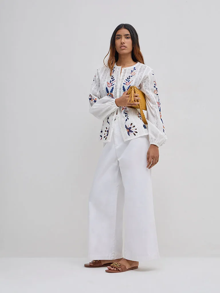 LOV White Floral Embroidered Cotton Blouse
