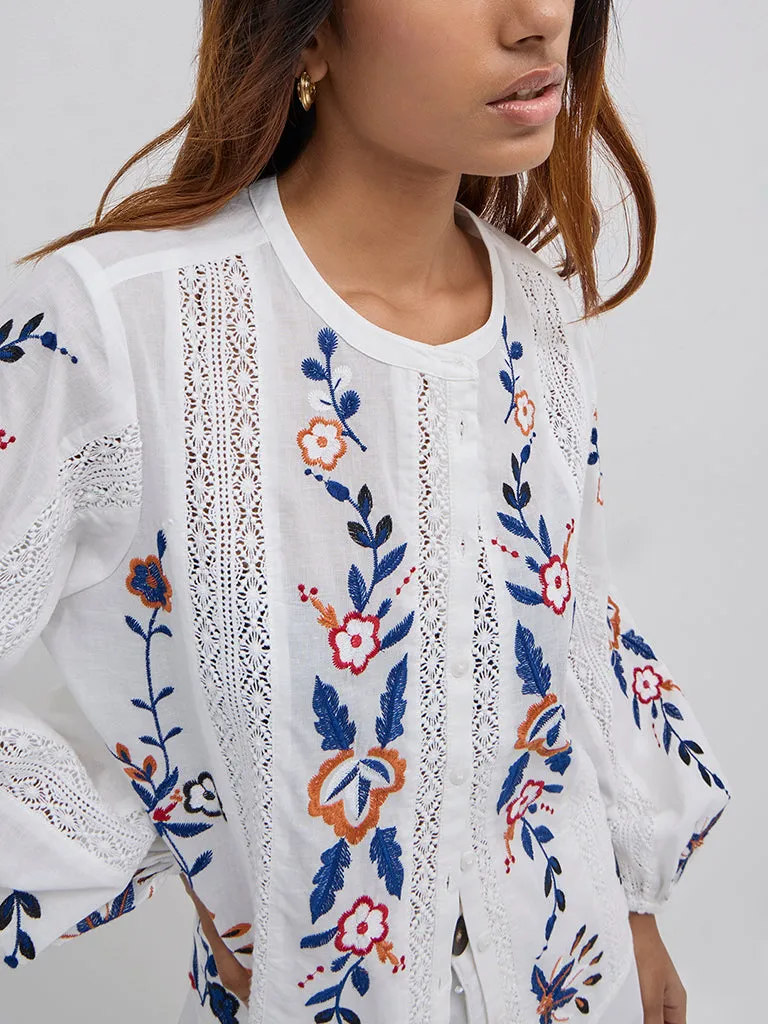 LOV White Floral Embroidered Cotton Blouse