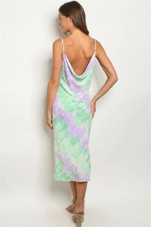 Mint Green and Lavender Tie Dye Cowl Neck Pencil Dress