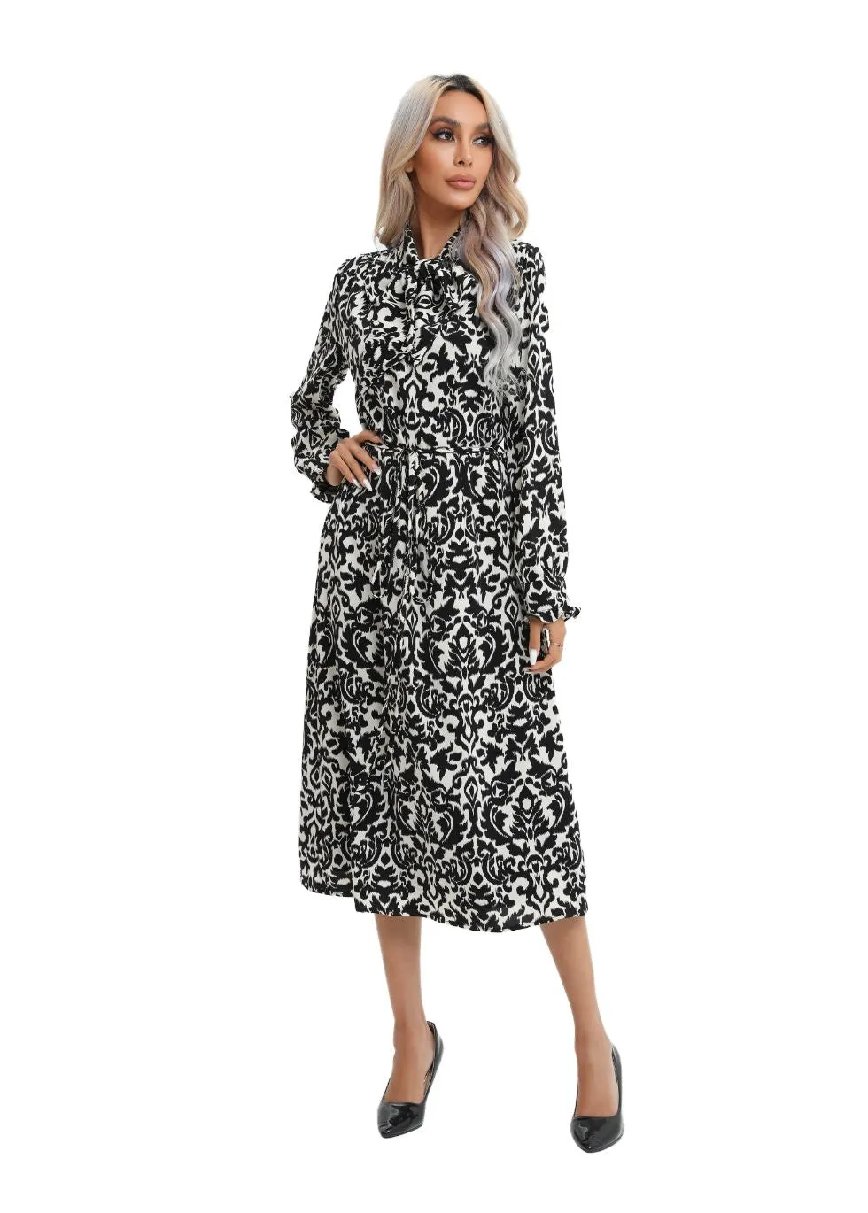 Modest Monochrome Midi Dress with Detached Belt