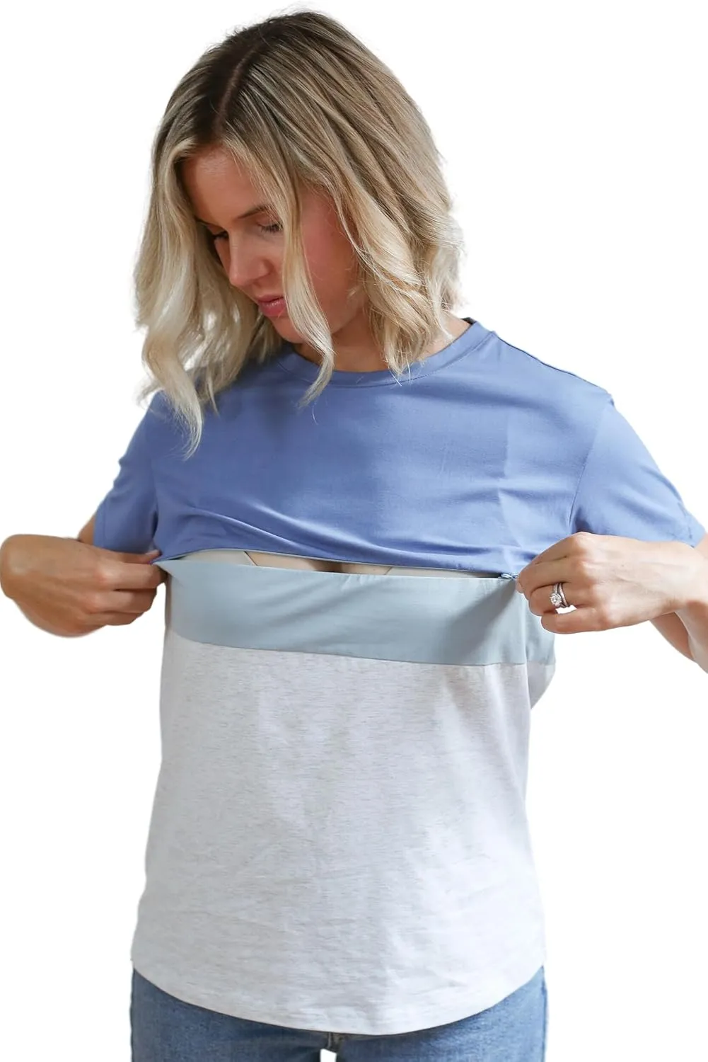 Nursing T-Shirt with Invisible Zipper, Soft and Comfortable Colorblock Breastfeeding Top