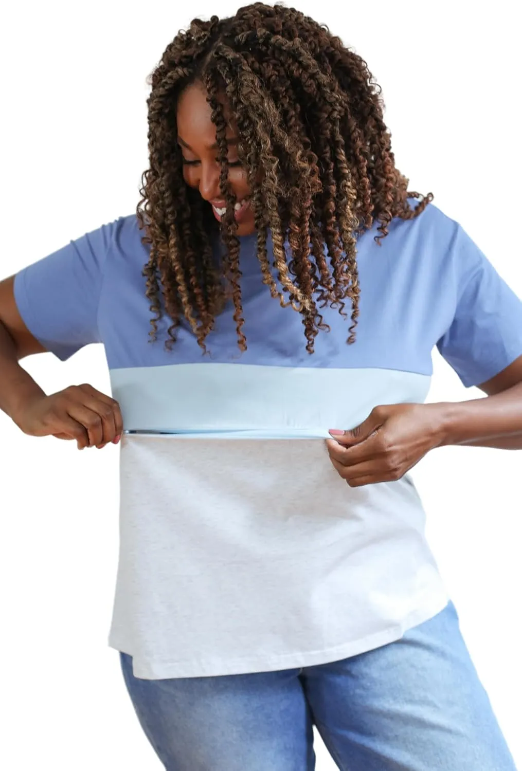 Nursing T-Shirt with Invisible Zipper, Soft and Comfortable Colorblock Breastfeeding Top