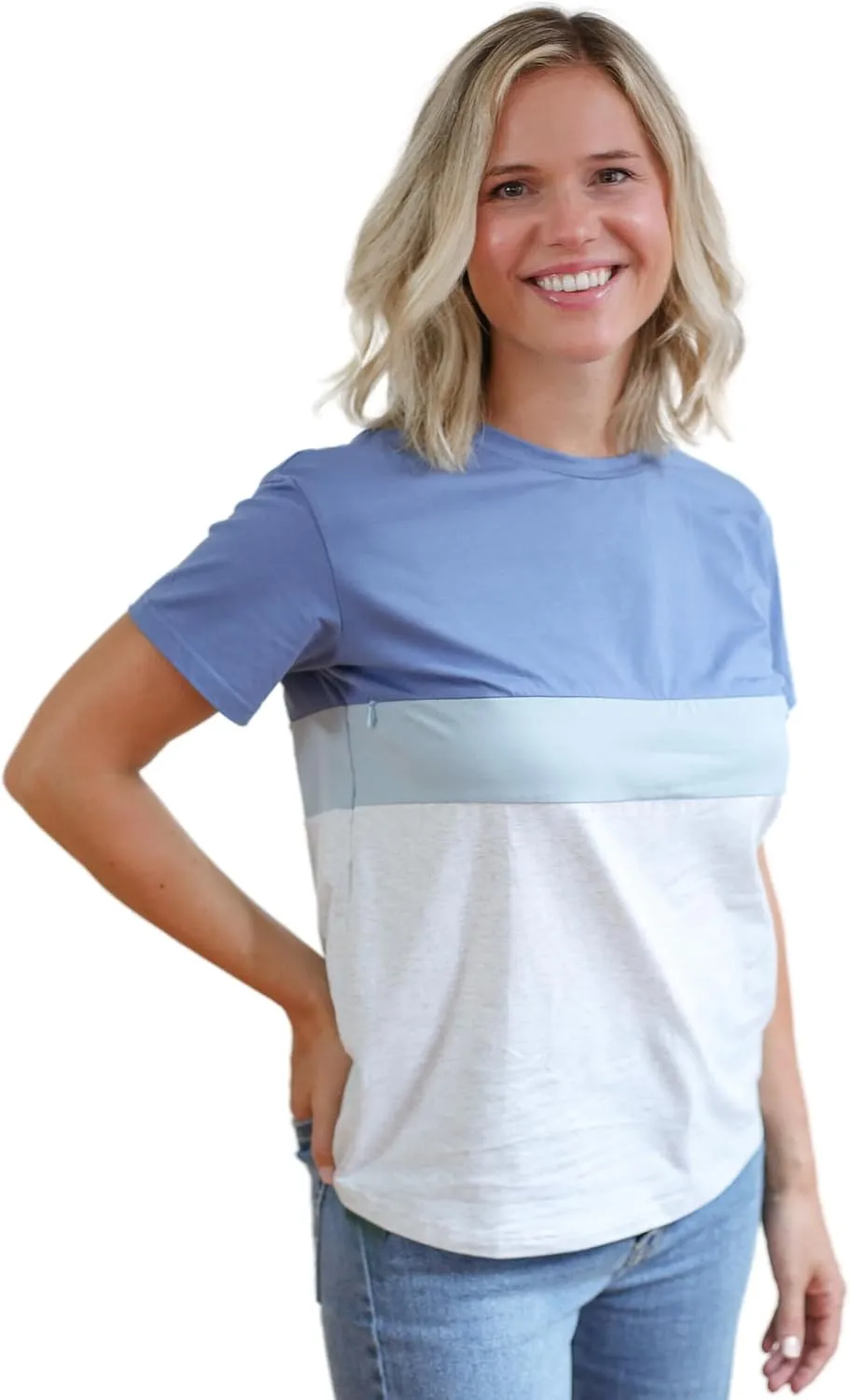 Nursing T-Shirt with Invisible Zipper, Soft and Comfortable Colorblock Breastfeeding Top