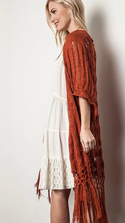 Open Crochet Fringe Hem Cardigan