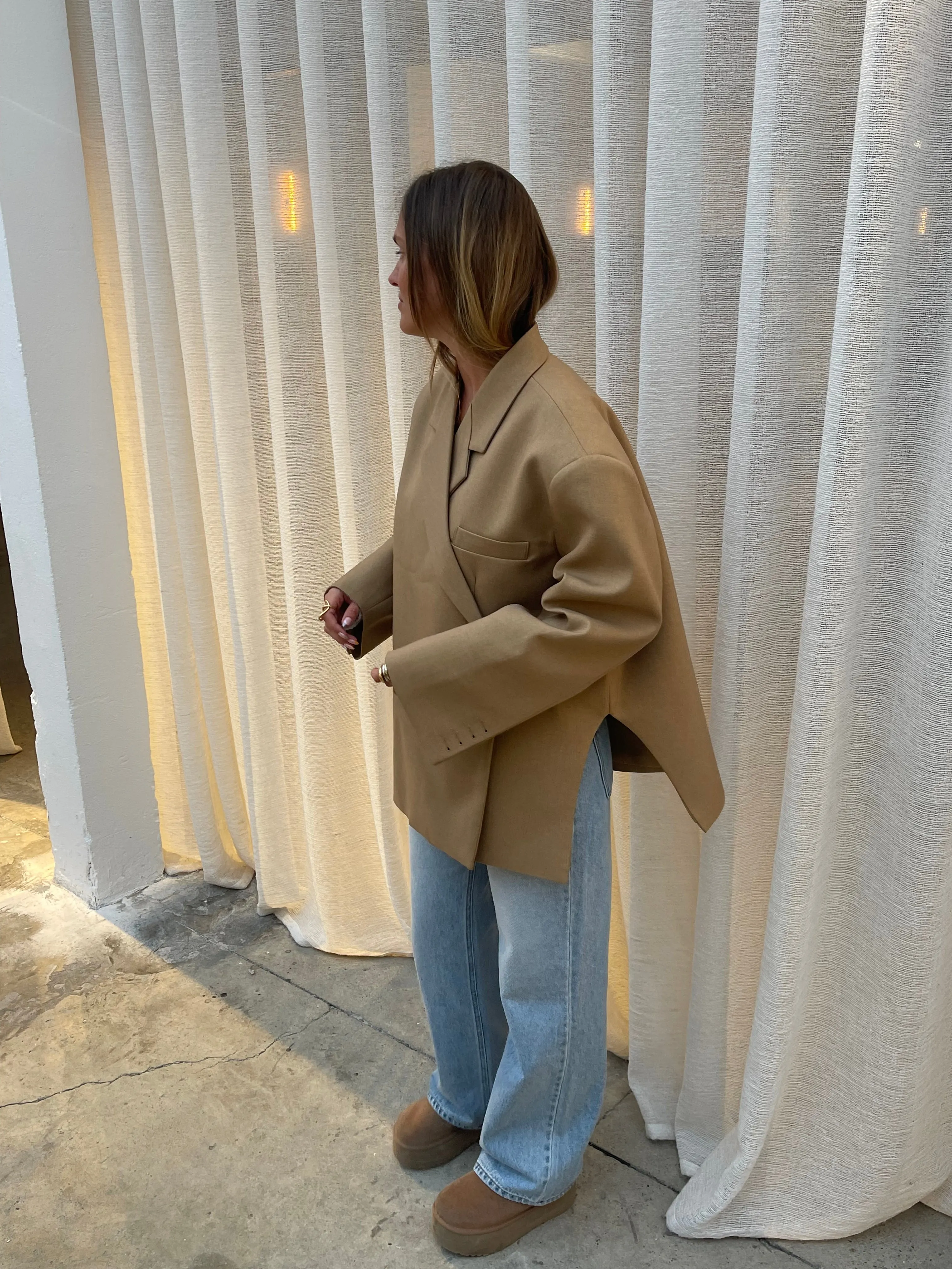 Oversized Side Slit Blazer Camel
