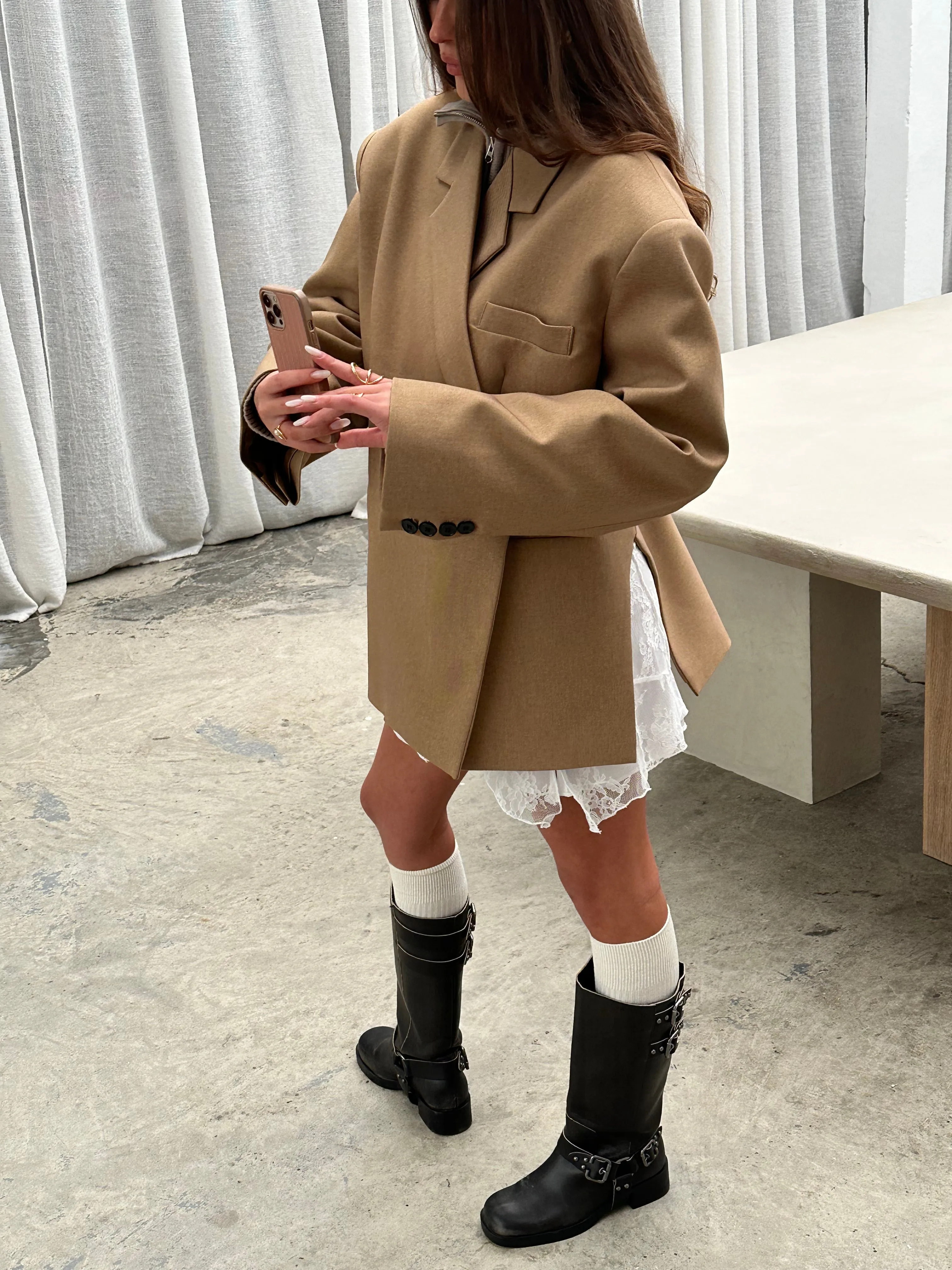 Oversized Side Slit Blazer Camel