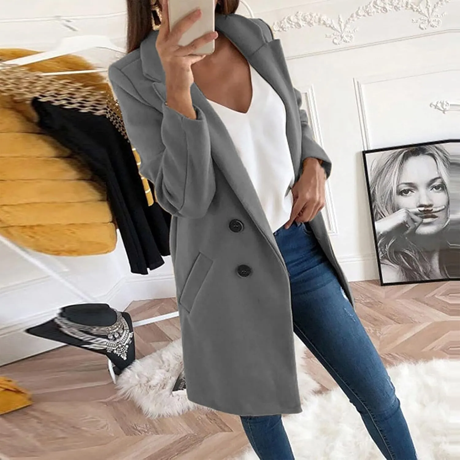 PETYCZEN Oversized Blazers for Women Long Sleeve Lapel Open Front Business Casual Tweed Blazer Jackets Casual Trench Coats