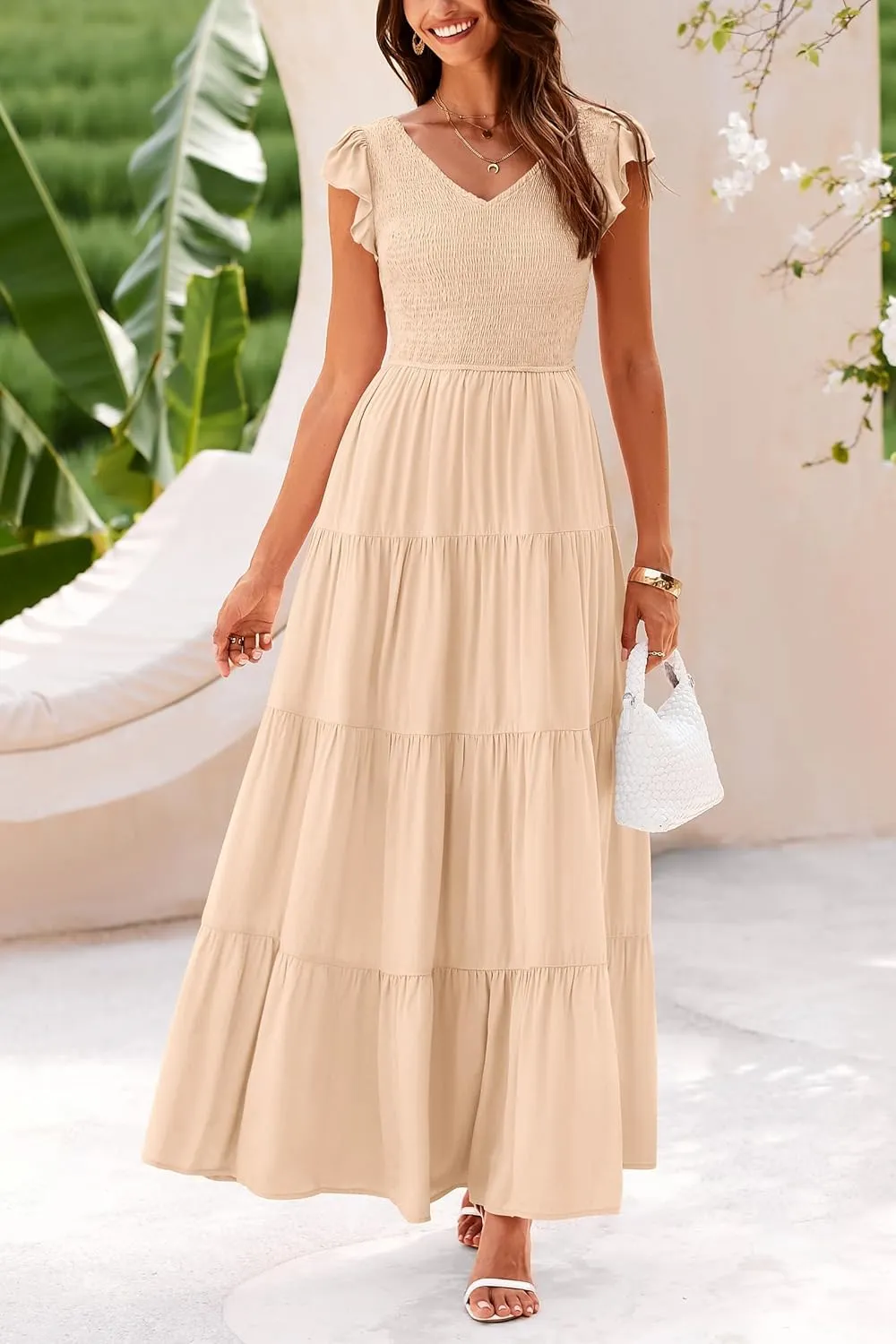 PRETTYGARDEN Women's Summer Flowy Maxi Dress Casual Cap Sleeve V Neck Smocked Beach Sundress