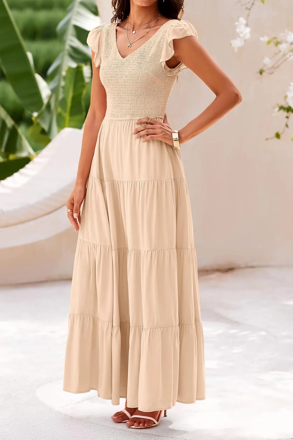 PRETTYGARDEN Women's Summer Flowy Maxi Dress Casual Cap Sleeve V Neck Smocked Beach Sundress