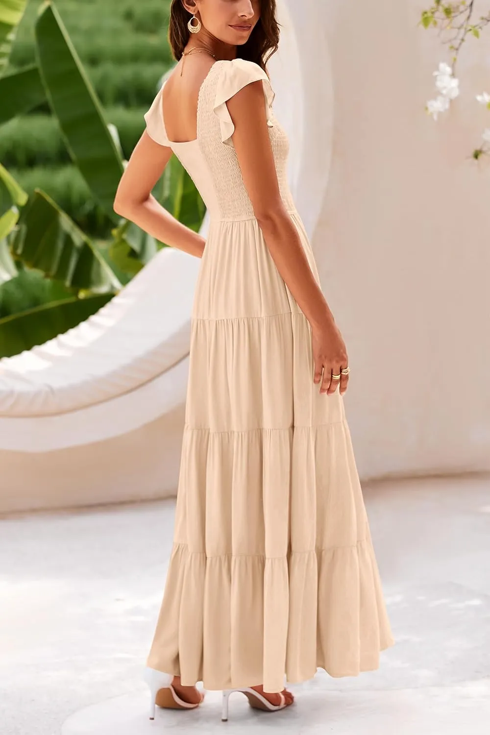 PRETTYGARDEN Women's Summer Flowy Maxi Dress Casual Cap Sleeve V Neck Smocked Beach Sundress