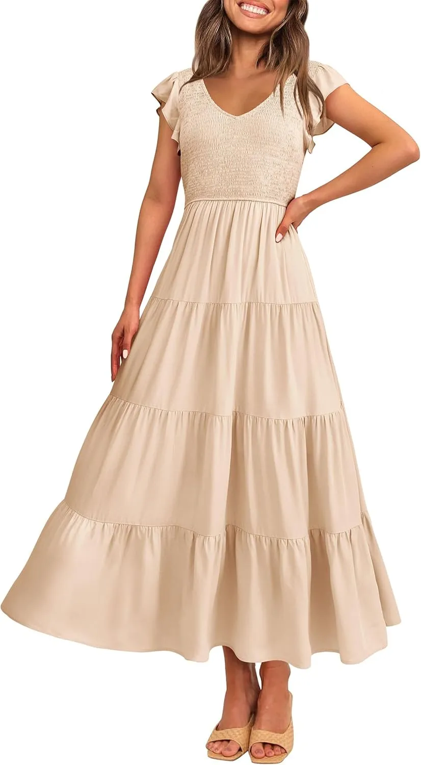 PRETTYGARDEN Women's Summer Flowy Maxi Dress Casual Cap Sleeve V Neck Smocked Beach Sundress