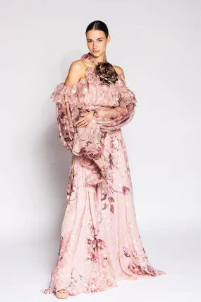 Printed Flared Dress with Cold Shoulders