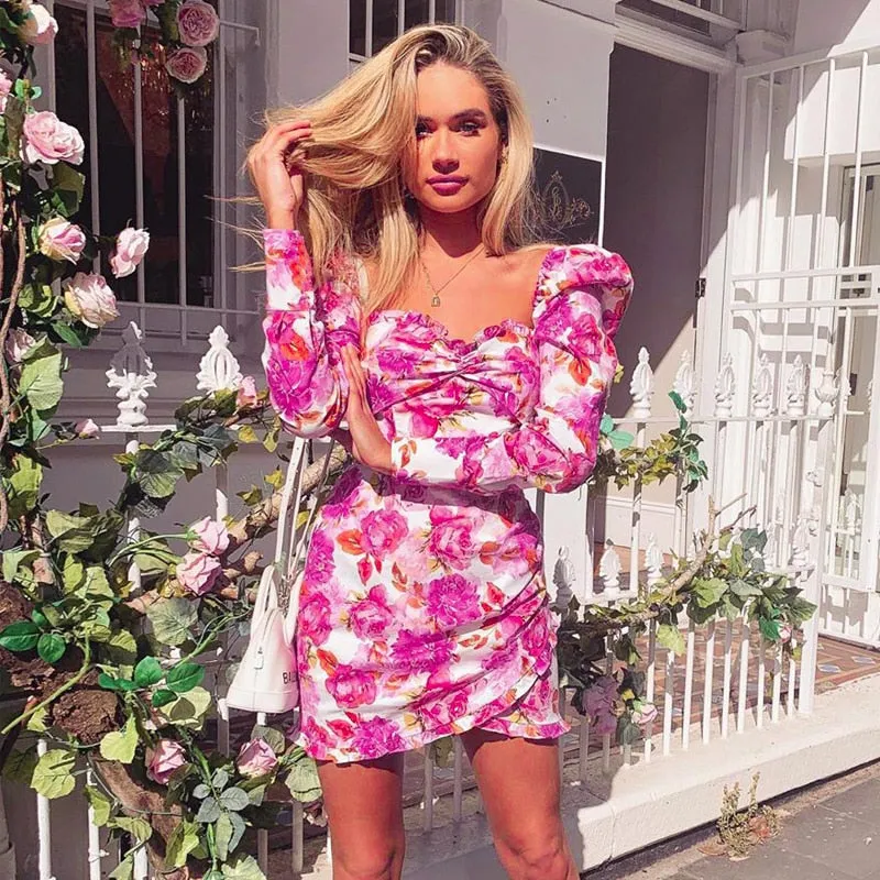Puff Sleeve Pink Floral Ruched Mini Dress