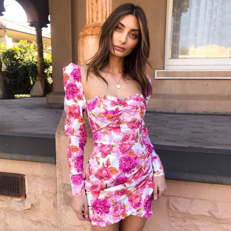 Puff Sleeve Pink Floral Ruched Mini Dress