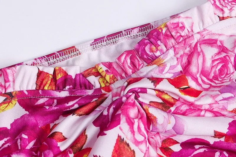 Puff Sleeve Pink Floral Ruched Mini Dress