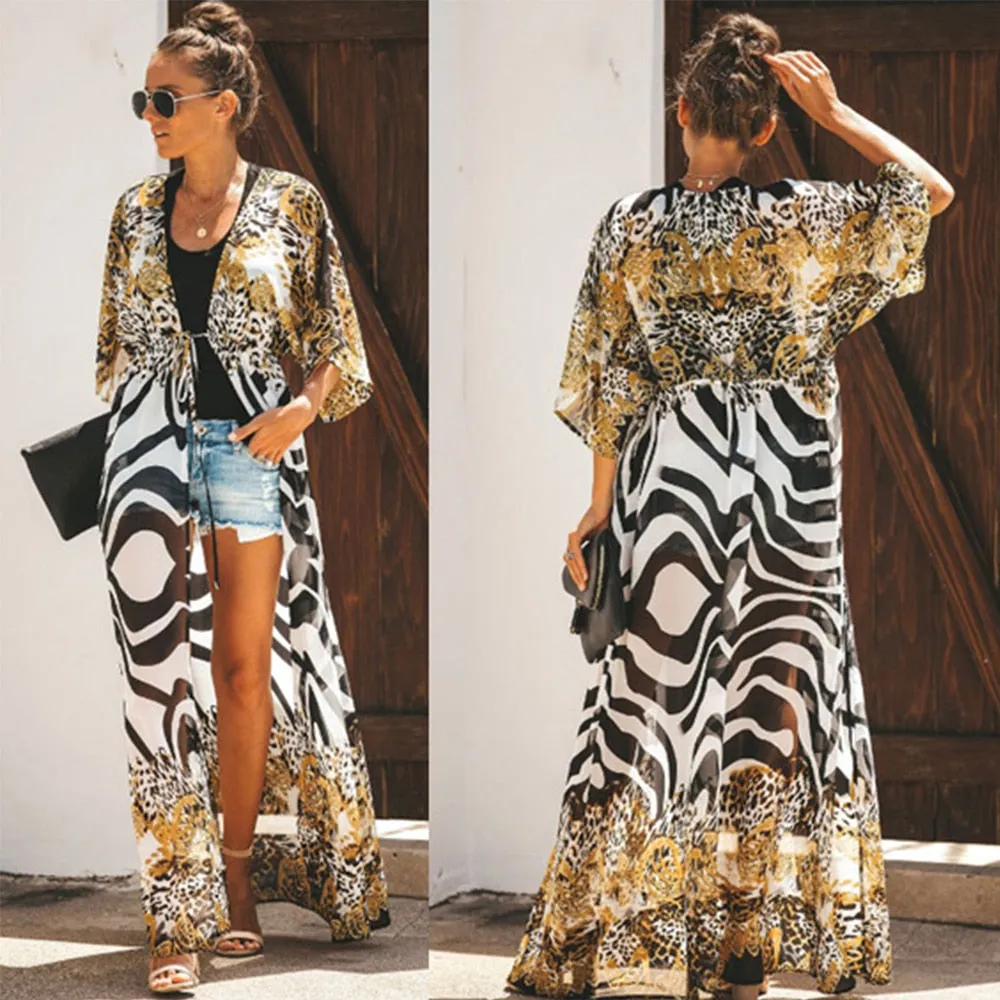 Purpdrank - Zebra Snake Print Chiffon Beach Cover Up Tunics For Beach Long Kaftan Beachwear Boho Chic Hippie Beach Strandjurk Sundress