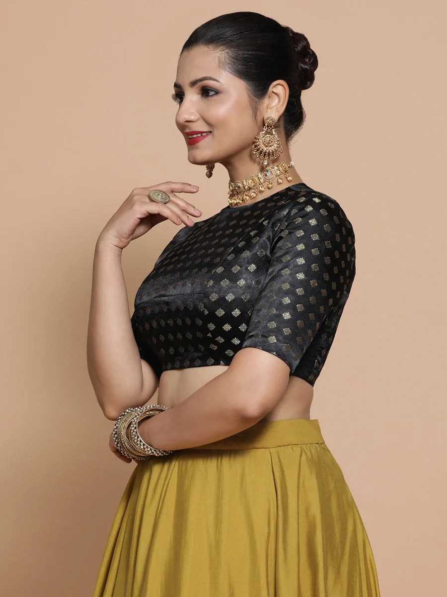 Riti x Tyohaar | Elbow Sleeves Satin Viscose Saree Blouse in Black Butta Fabric