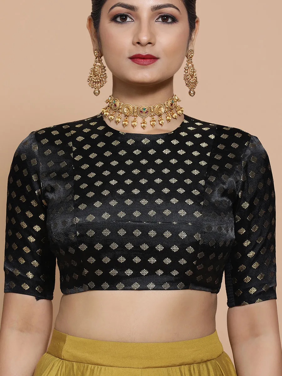 Riti x Tyohaar | Elbow Sleeves Satin Viscose Saree Blouse in Black Butta Fabric