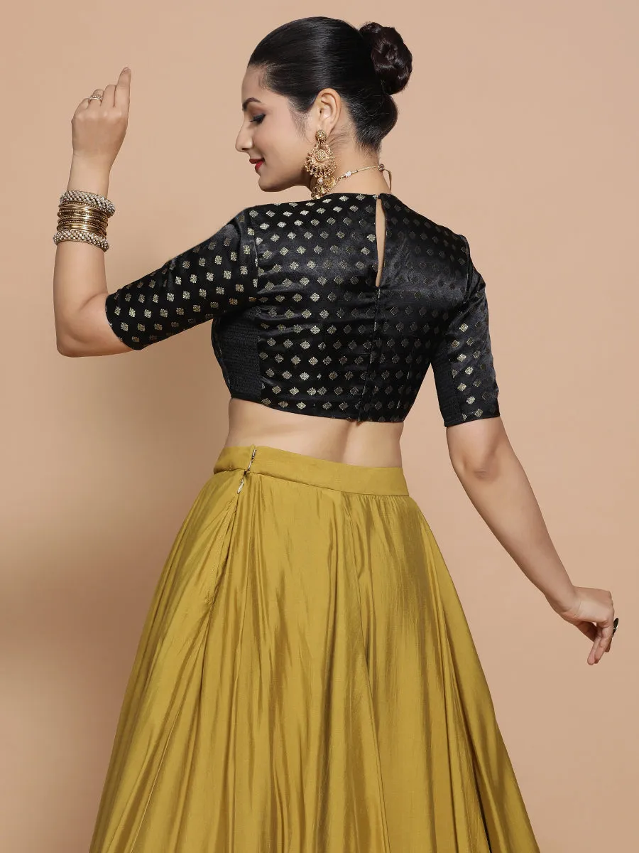 Riti x Tyohaar | Elbow Sleeves Satin Viscose Saree Blouse in Black Butta Fabric