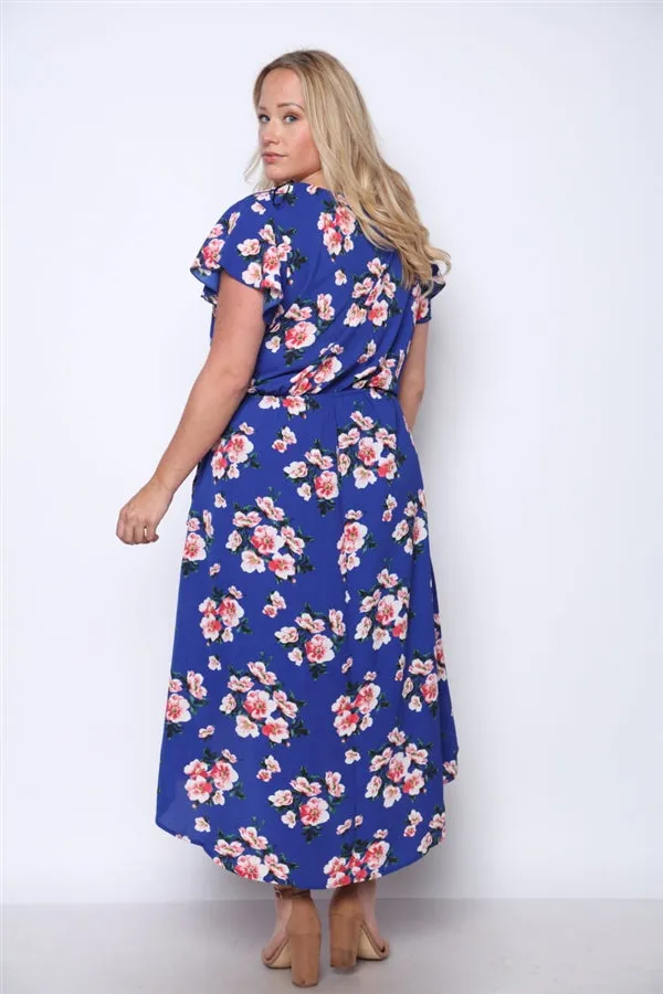 Royal Blue Floral Print High Low Plus Size Maxi Dress