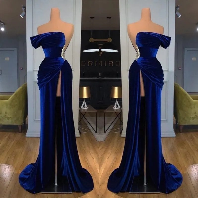 Royal Blue Off the shoulder Long Mermaid Velvet Prom Evening Dress with Split