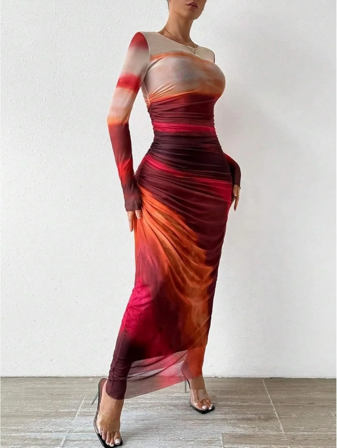 Ruched Dress Long Sleeve Dress Tie Dye Dress Maxi Dress Elegant Dress Slim Fit Dress Bodycon Dress Mesh Dress