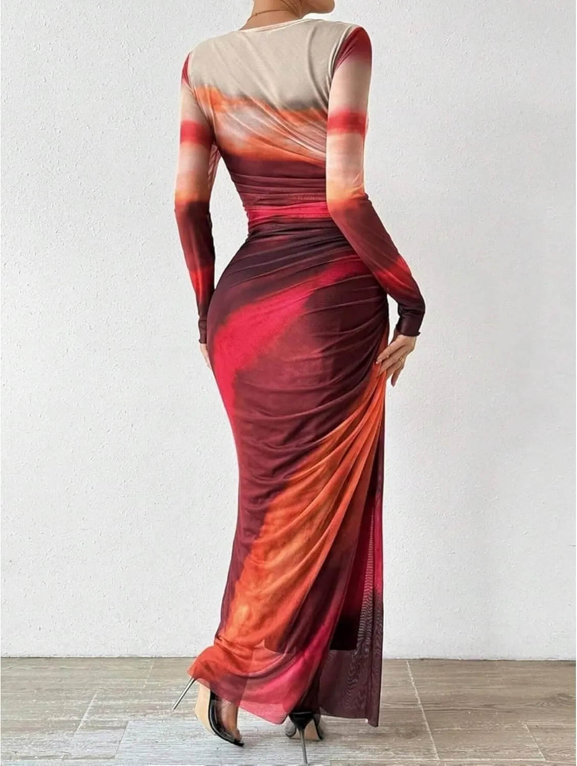 Ruched Dress Long Sleeve Dress Tie Dye Dress Maxi Dress Elegant Dress Slim Fit Dress Bodycon Dress Mesh Dress