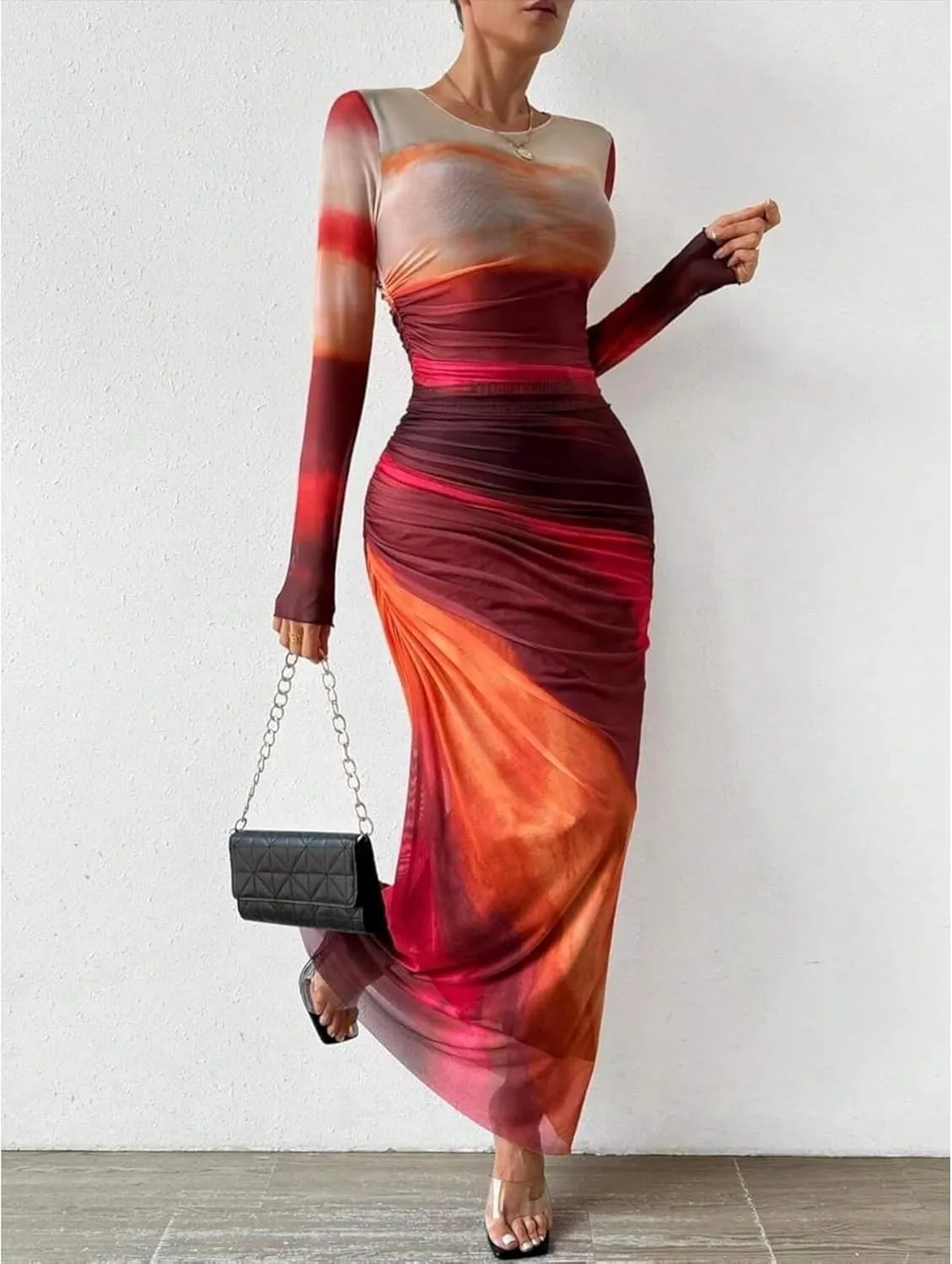 Ruched Dress Long Sleeve Dress Tie Dye Dress Maxi Dress Elegant Dress Slim Fit Dress Bodycon Dress Mesh Dress