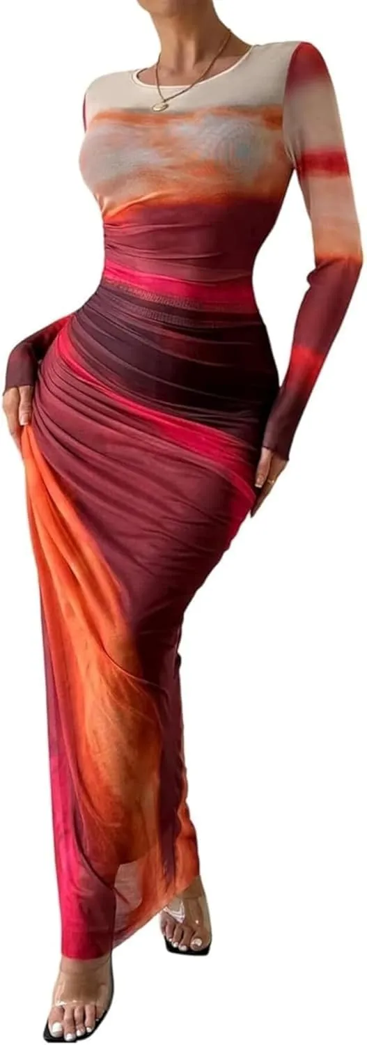 Ruched Dress Long Sleeve Dress Tie Dye Dress Maxi Dress Elegant Dress Slim Fit Dress Bodycon Dress Mesh Dress