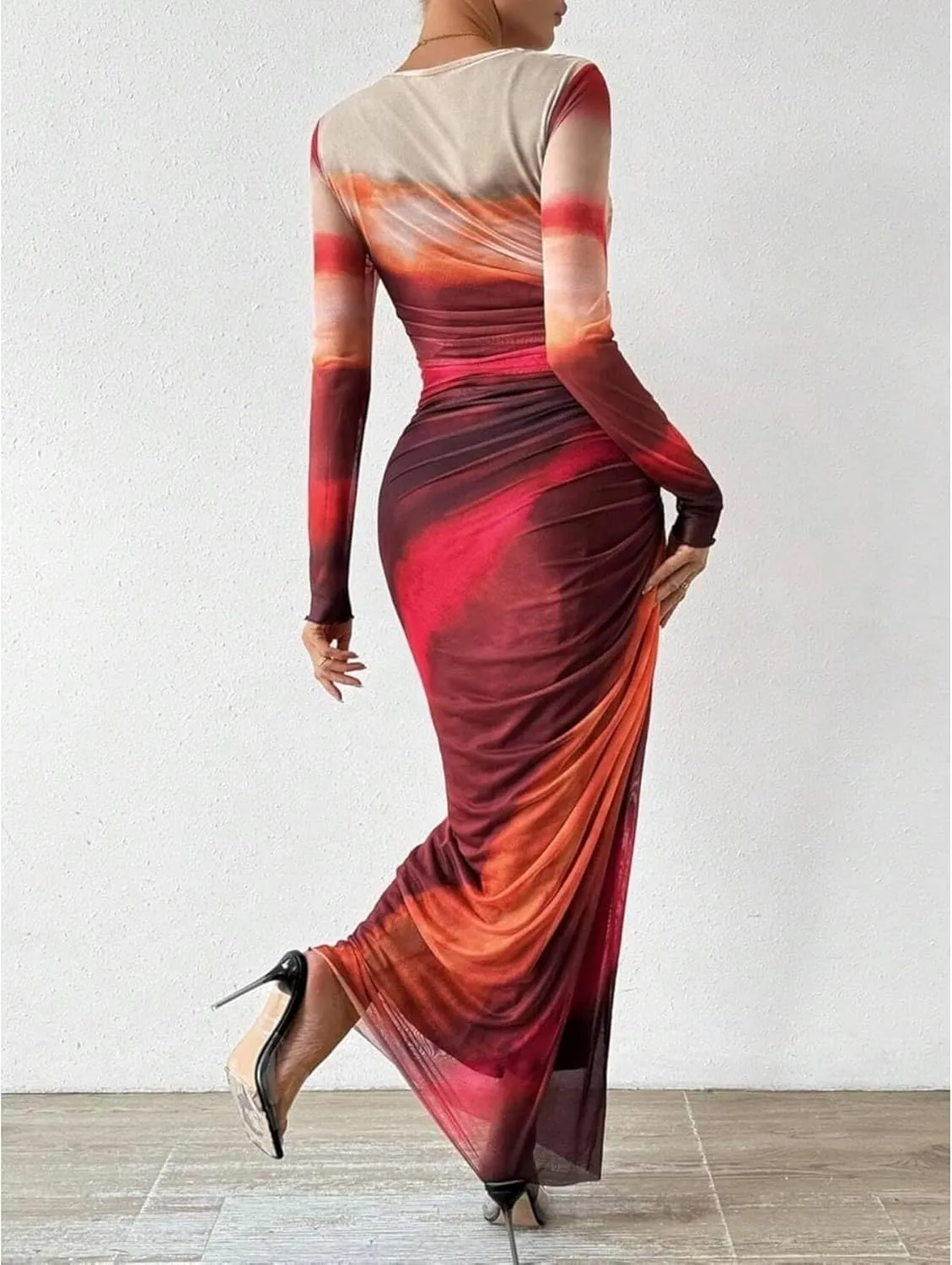 Ruched Dress Long Sleeve Dress Tie Dye Dress Maxi Dress Elegant Dress Slim Fit Dress Bodycon Dress Mesh Dress
