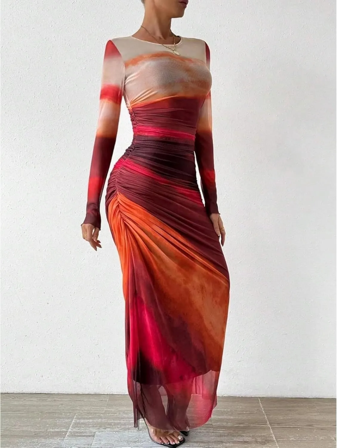 Ruched Dress Long Sleeve Dress Tie Dye Dress Maxi Dress Elegant Dress Slim Fit Dress Bodycon Dress Mesh Dress