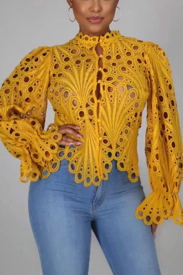 Sexy Lace Flared Sleeves Breathable Blouse