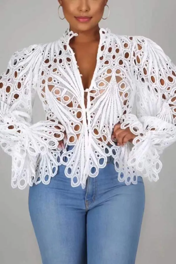 Sexy Lace Flared Sleeves Breathable Blouse