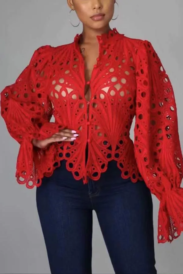 Sexy Lace Flared Sleeves Breathable Blouse