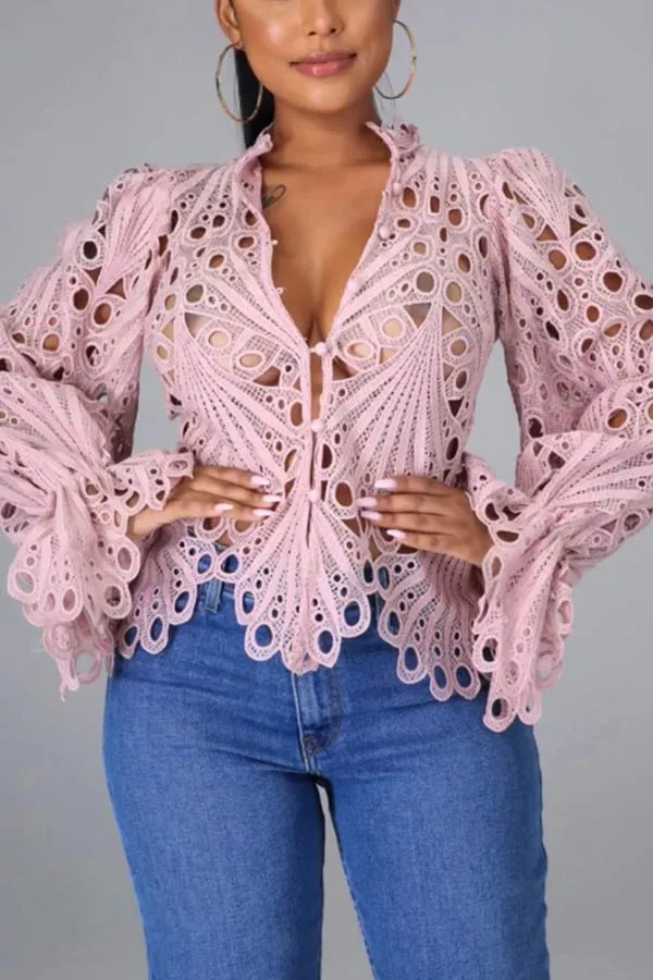 Sexy Lace Flared Sleeves Breathable Blouse