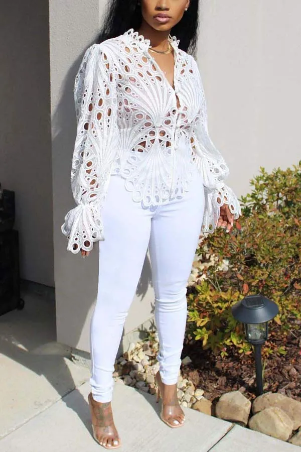 Sexy Lace Flared Sleeves Breathable Blouse