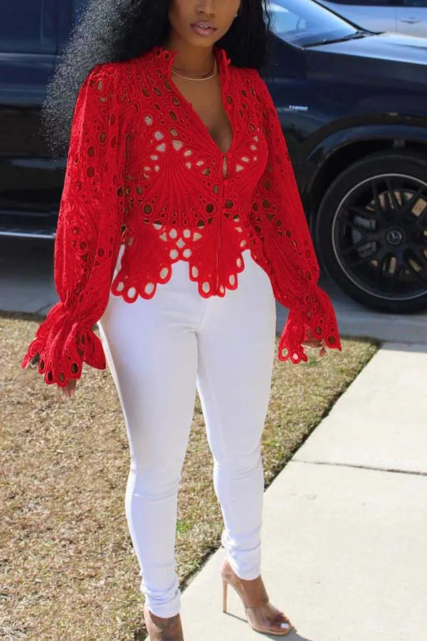 Sexy Lace Flared Sleeves Breathable Blouse