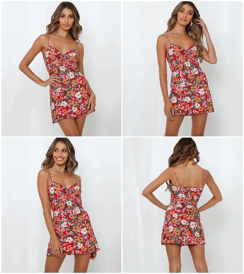 Sexy Print Bow Mini Beach Strap Dress