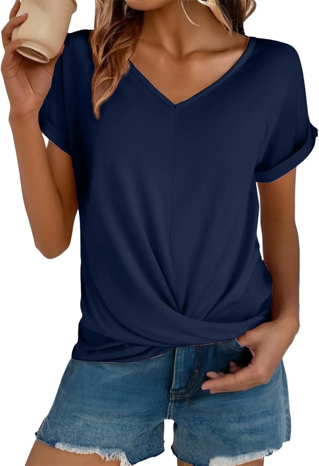 Slim Fit V Neck Solid Color Summer Ice T Shirt Women's Casual Short Sleeve Knot Soft Comfortable Tops