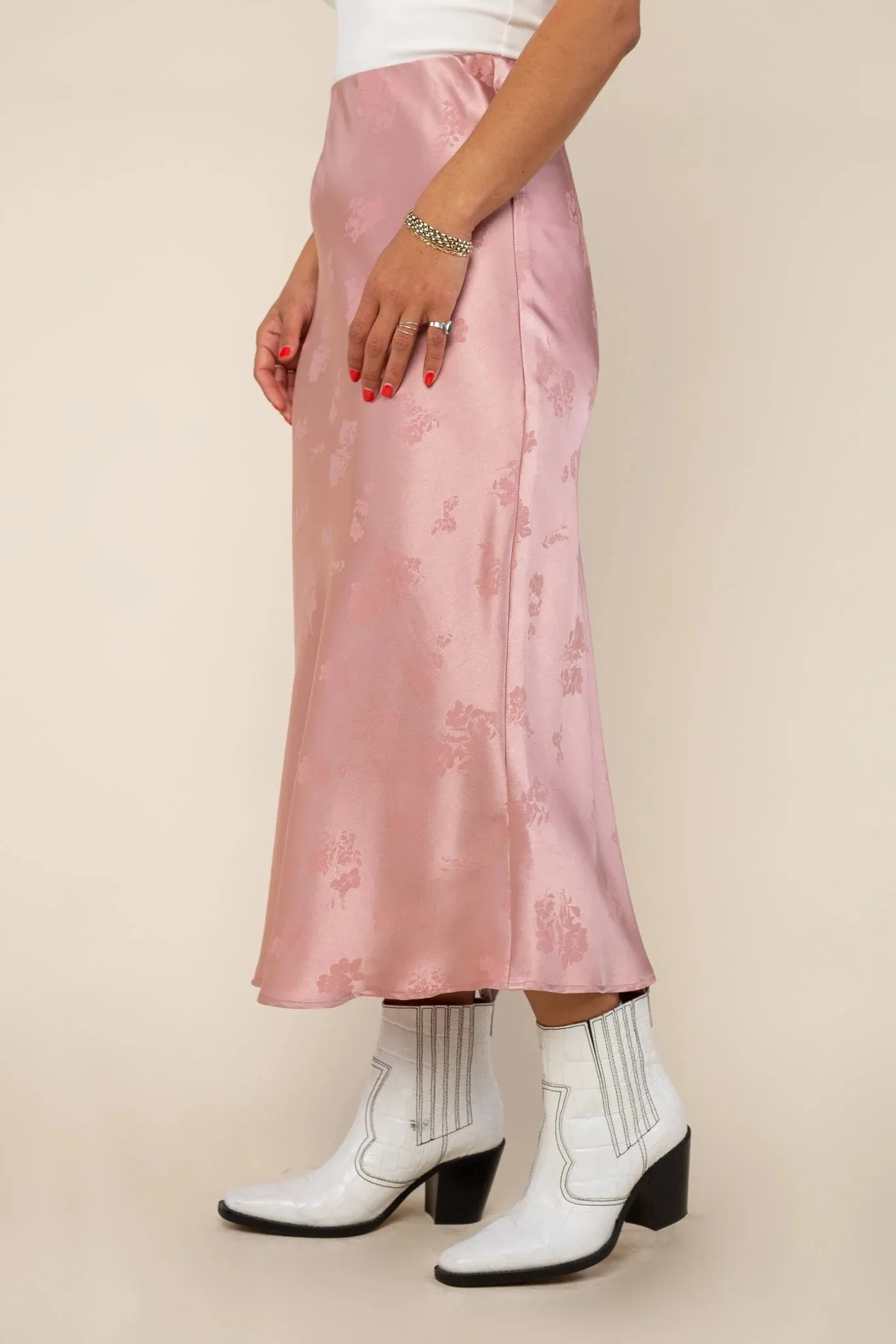 Soft Pink Satin Jacquard Print Skirt by NLT