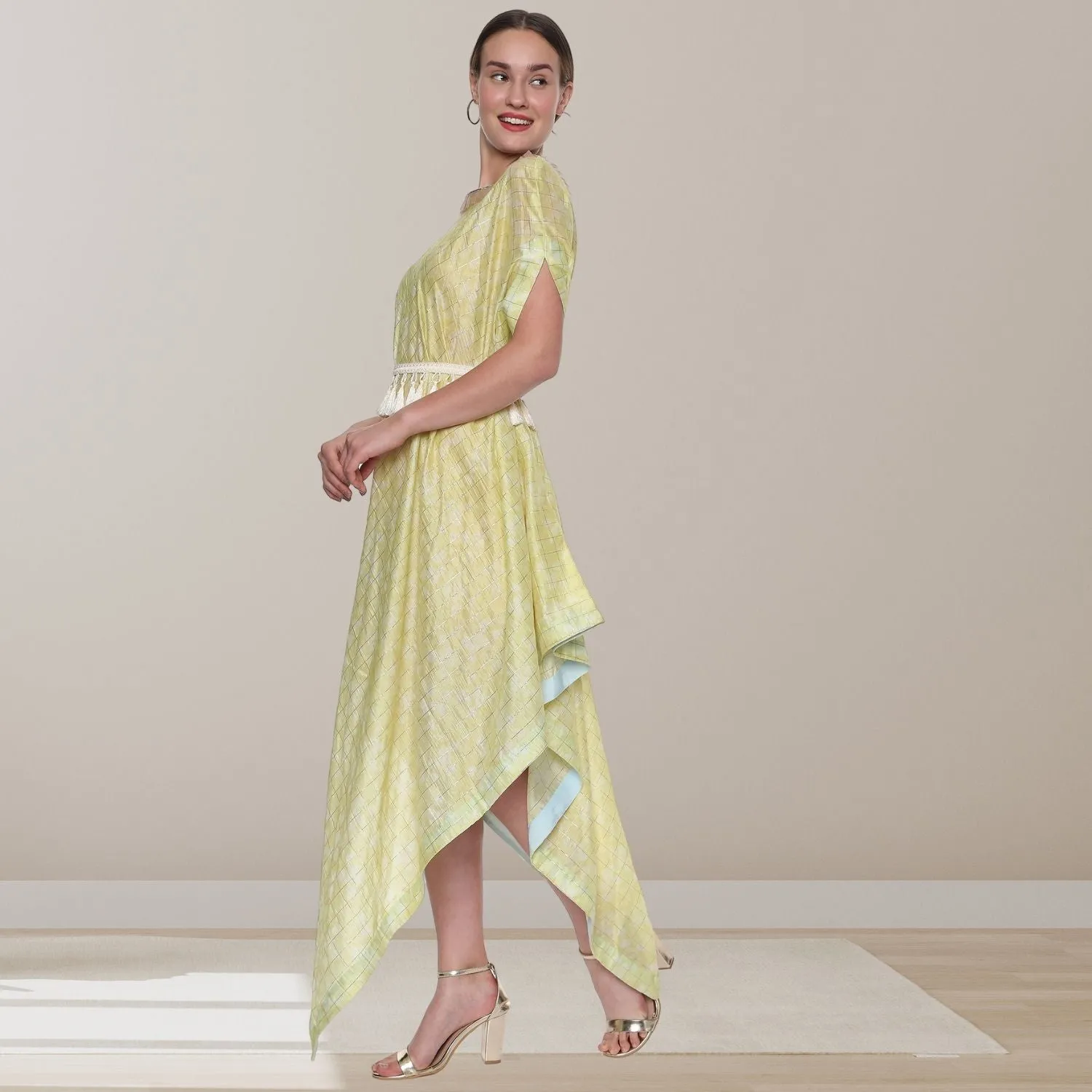 Solstice Drape Dress | Chanderi Silk | Comfortable & Smart | Pastel Yellow