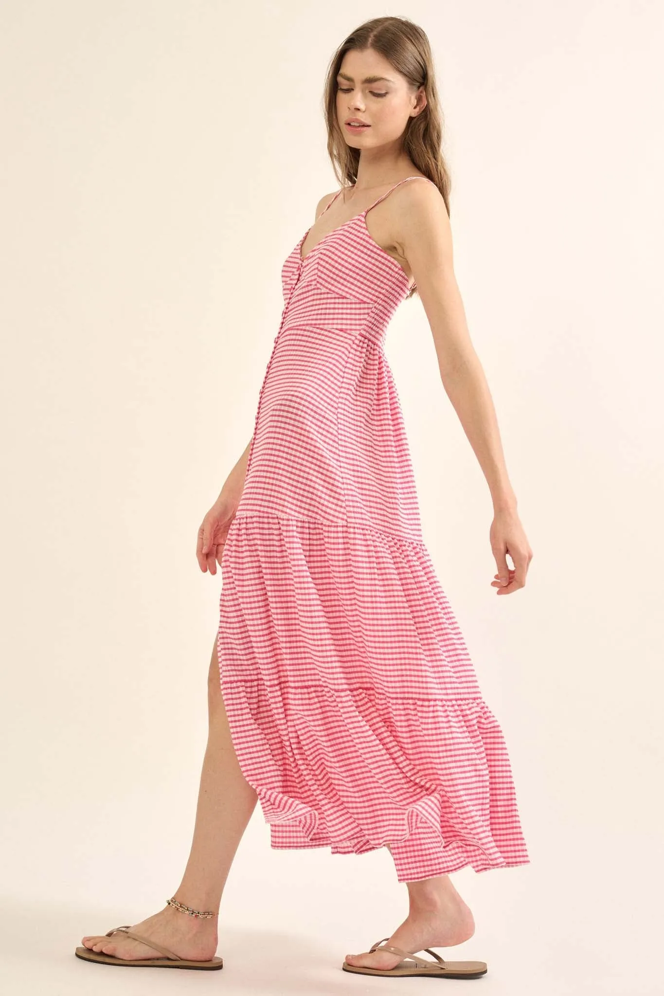 Sugar Shack Gingham Button-Front Tiered Maxi Dress