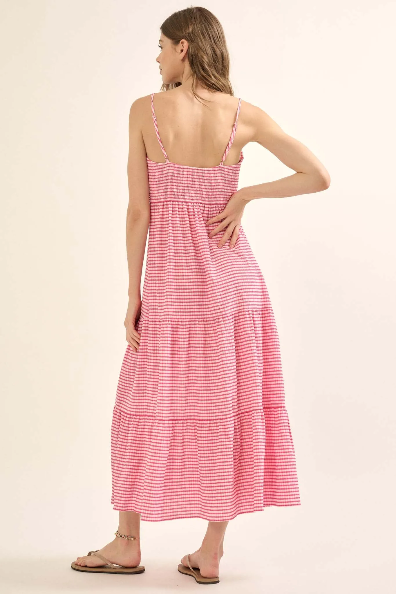 Sugar Shack Gingham Button-Front Tiered Maxi Dress