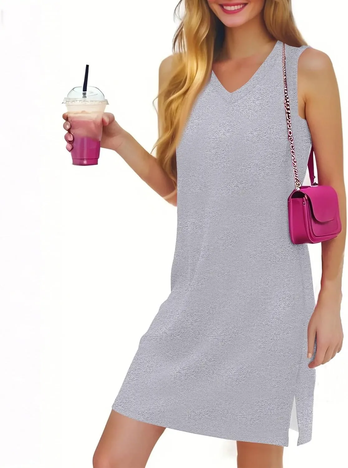Summer Dresses for Women 2025 Loose Casual Sundresses Striped V Neck T Shirt Dress Beach Sleeveless Tank Dress with Split