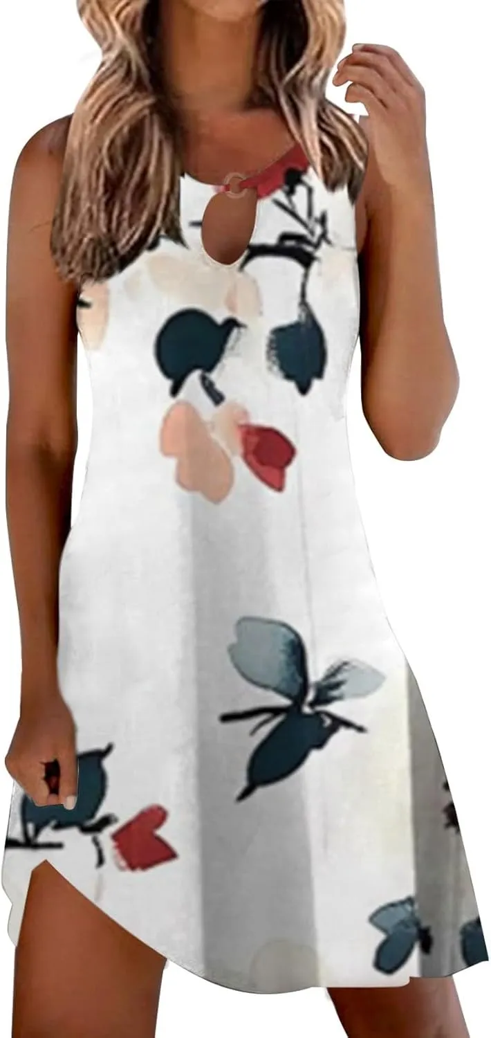 Summer Dresses for Women Casual Sleeveless Sundress Floral Loose Fit Beach Cover Up T Shirt Dresses with Pocket