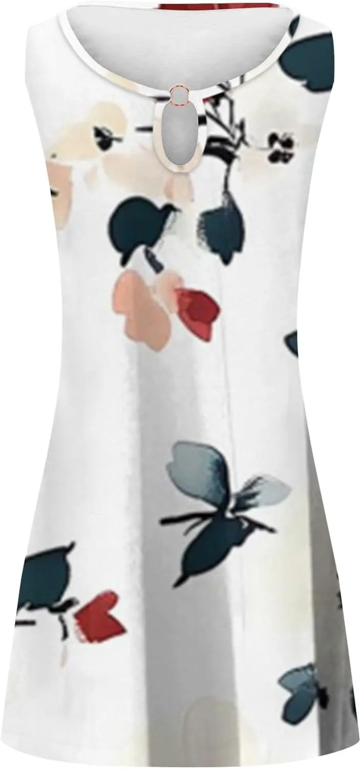 Summer Dresses for Women Casual Sleeveless Sundress Floral Loose Fit Beach Cover Up T Shirt Dresses with Pocket