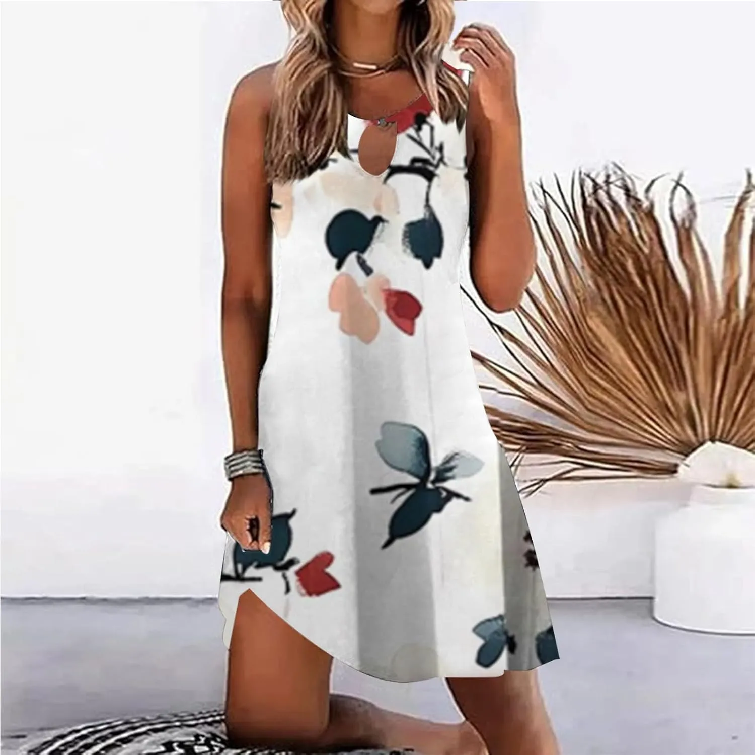 Summer Dresses for Women Casual Sleeveless Sundress Floral Loose Fit Beach Cover Up T Shirt Dresses with Pocket
