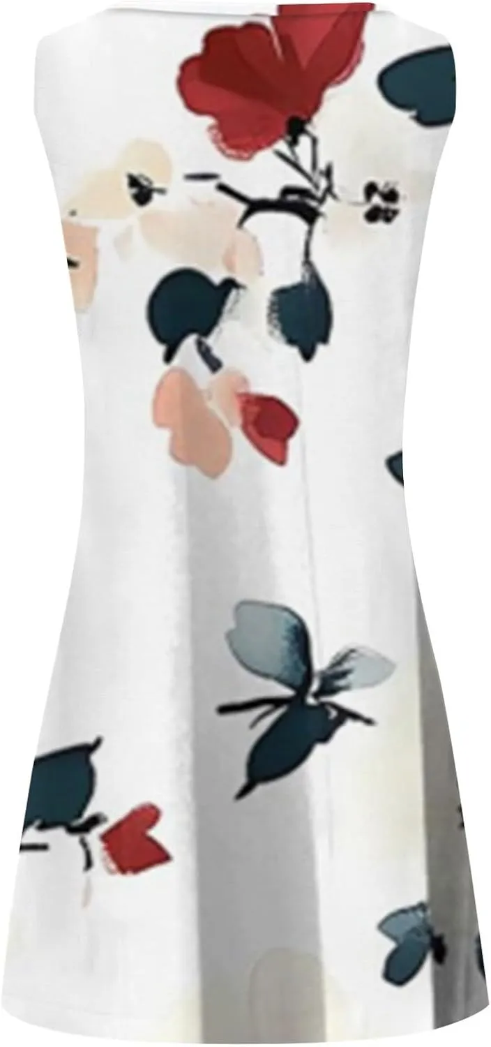 Summer Dresses for Women Casual Sleeveless Sundress Floral Loose Fit Beach Cover Up T Shirt Dresses with Pocket