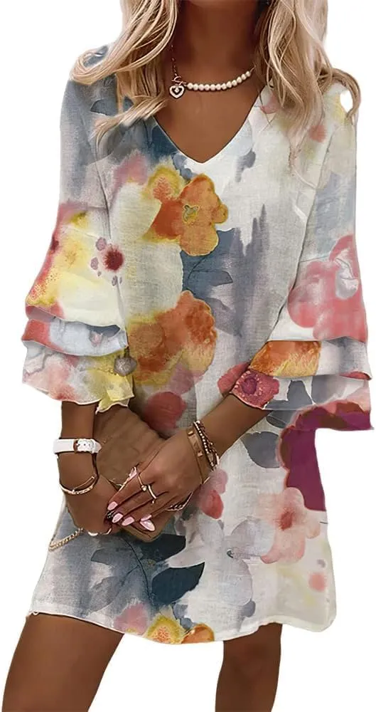 Summer Dresses for Women Ladies Casual Loose Fit Sundress Trendy Flowy Boho Floral Print Mini A Line Shift Dress